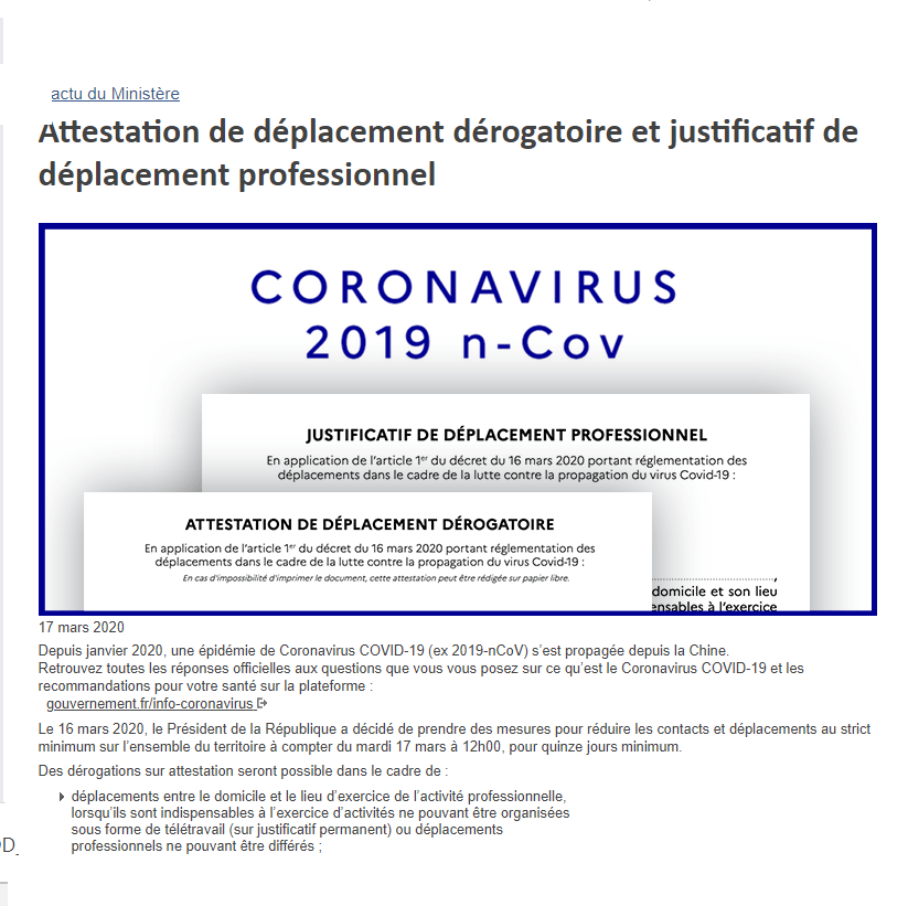 Coronavirus: décret + attestation déplacement.
